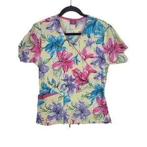 Dickies Medical Scrub Top XS Womens Multicolor Floral V Neck Short Sleeve Top